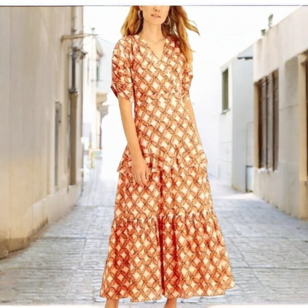 INC RESORT V NECK SHORT SLEEVE MAXI DRESS W/GATHERED SHOULDERS & RUFFLE TRIM NWT
